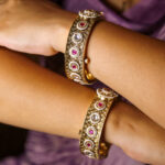 Beautiful Broad Stone Gold Finish Bangle Set - Image 3