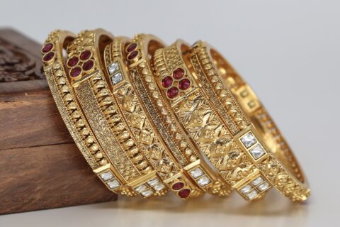Stunning Antique Gold Finish Stone Bangle Set (Set Of 6)