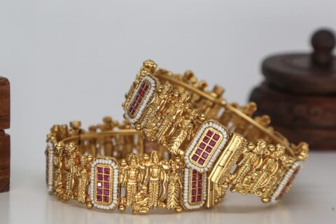 Traditional Ram Sita Gold Finish Bangle Set I Temple Jewellery