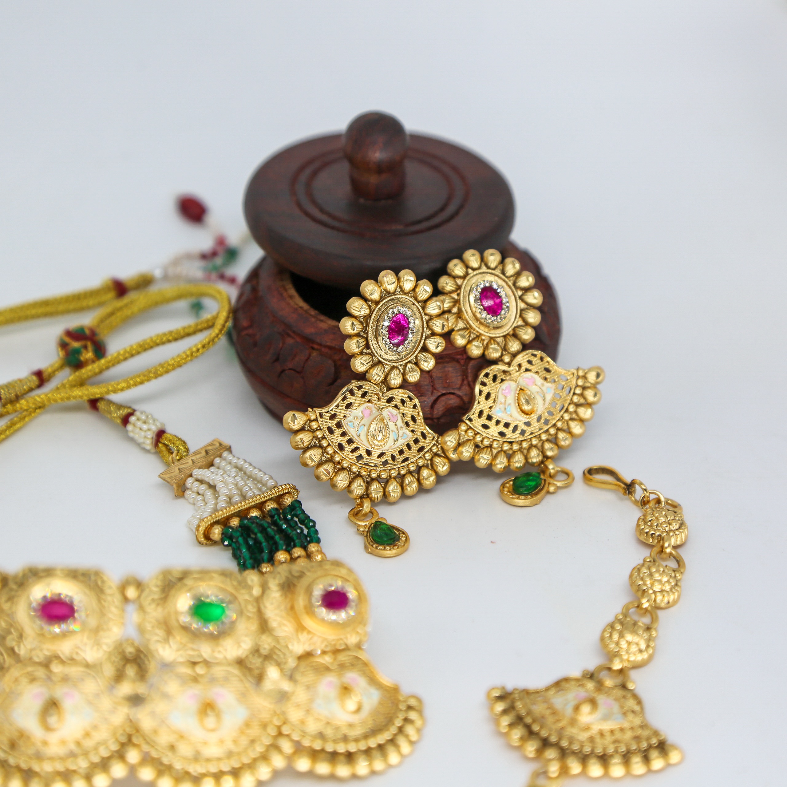 Traditional Gold-Plated Temple Design Earrings & Maang Tikka Set - Image 2