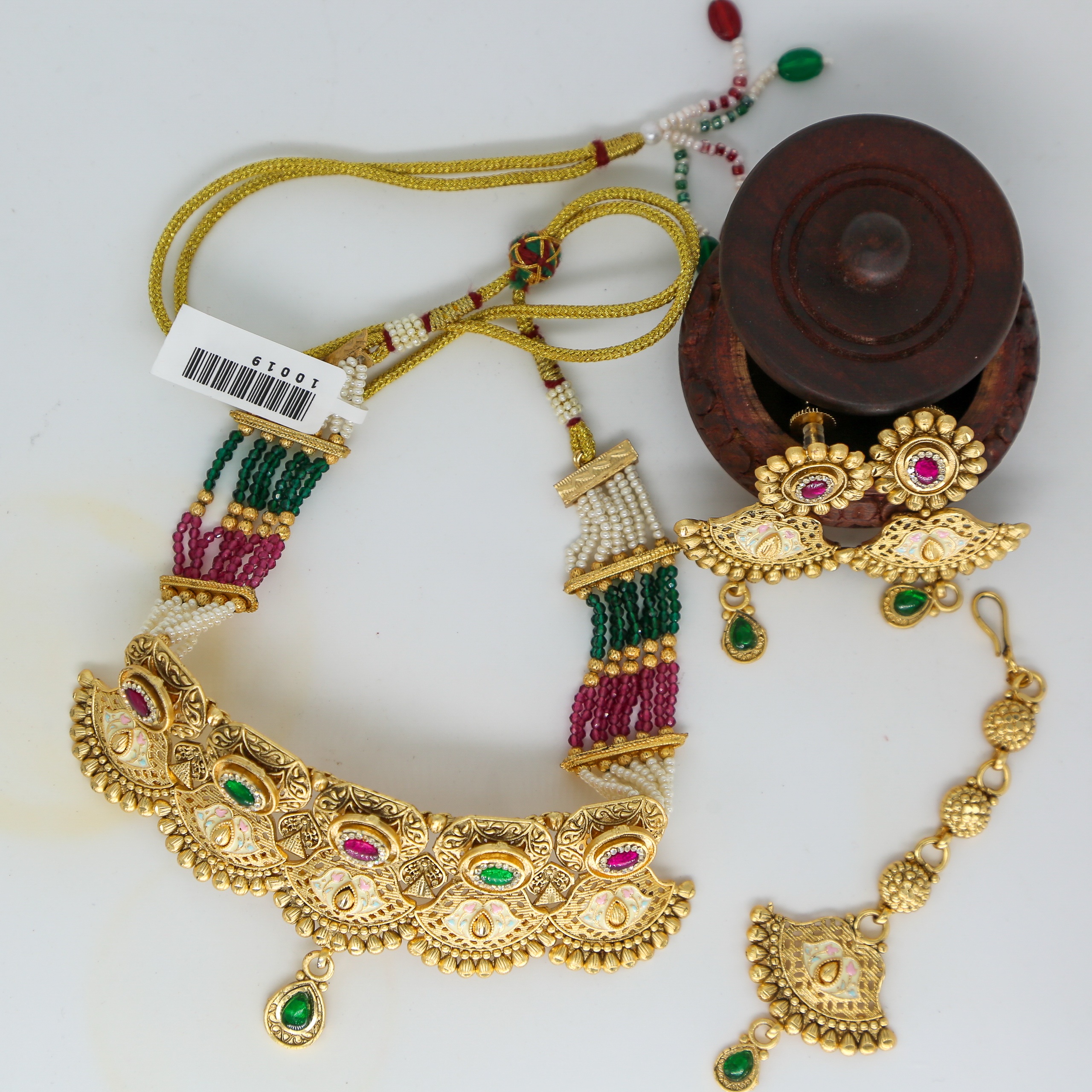 Traditional Gold-Plated Temple Design Earrings & Maang Tikka Set