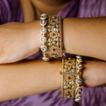 Amazing Antique Gold Broad Kada Stone Bangle Set - Image 3