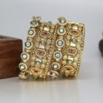 Amazing Antique Gold Broad Kada Stone Bangle Set - Image 4