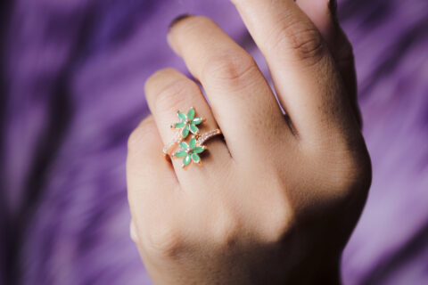Gold Flower Shape Green Stone Ring