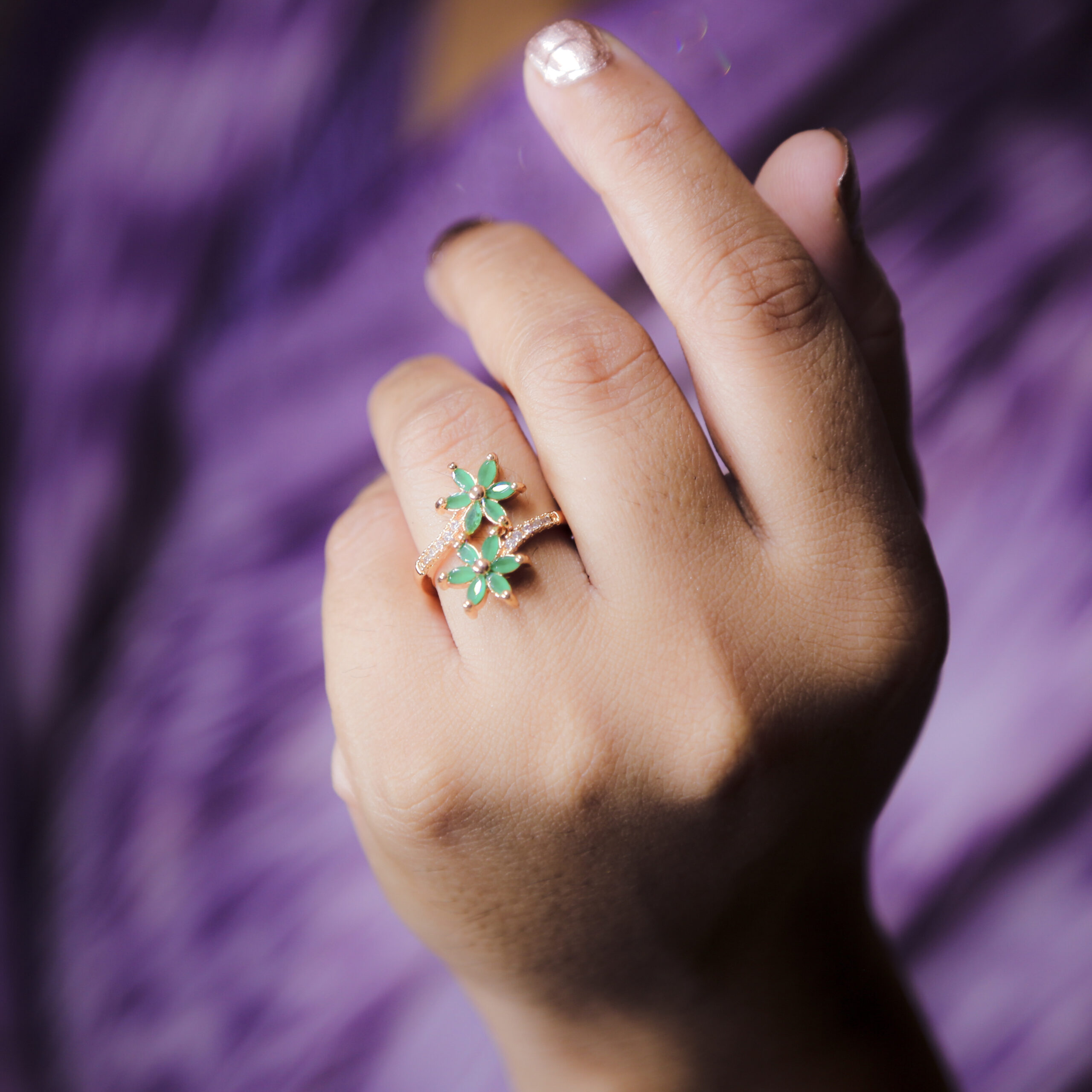 Gold Flower Shape Green Stone Ring
