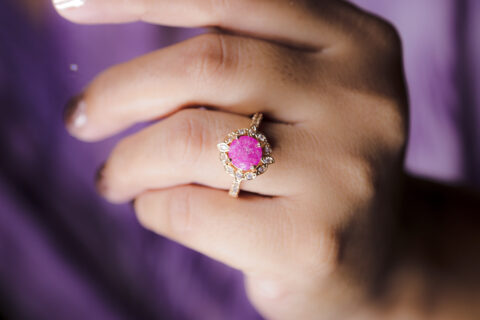 Pink Sapphire Ring with Diamond in Gold Plated Sterling Silver