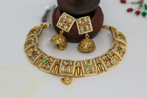 Beautiful Gold Plated Green Stone Choker Set For Women