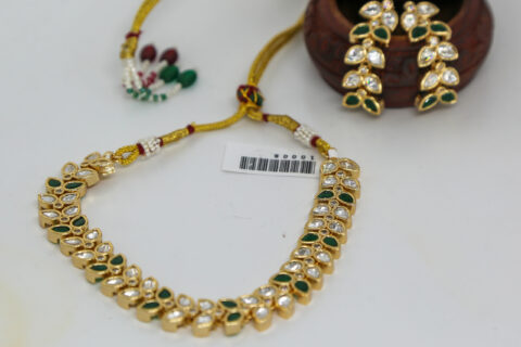 Elegant Polki Kundan Leaf Necklace Set with Drop Earrings