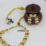 Elegant Polki Kundan Leaf Necklace Set with Drop Earrings - Image 2