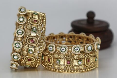 Amazing Antique Gold Broad Kada Stone Bangle Set