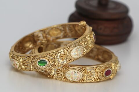 Gorgeous Antique Gold Pearl Stone Studded Kada Bangle
