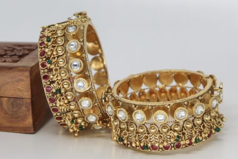 Antique Gold Plated Paisley Stone Bangle Set For Women