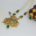 Royal Green & Pearl Beaded Kundan Pendant Necklace with Jhumka Earrings - Image 3
