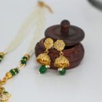 Royal Green & Pearl Beaded Kundan Pendant Necklace with Jhumka Earrings - Image 2