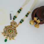 Royal Green & Pearl Beaded Kundan Pendant Necklace with Jhumka Earrings