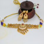 Colorful Antique Gold Choker Necklace with Dangling Earrings - Image 3
