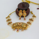 Gold Peacock Pendant Necklace Set with Pearls & Floral Motifs - Image 3