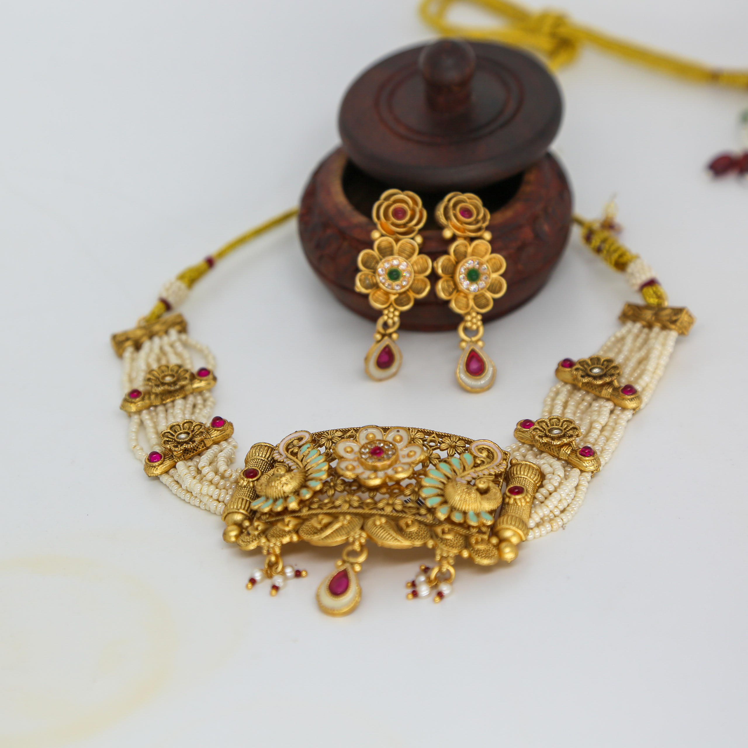 Gold Peacock Pendant Necklace Set with Pearls & Floral Motifs - Image 3