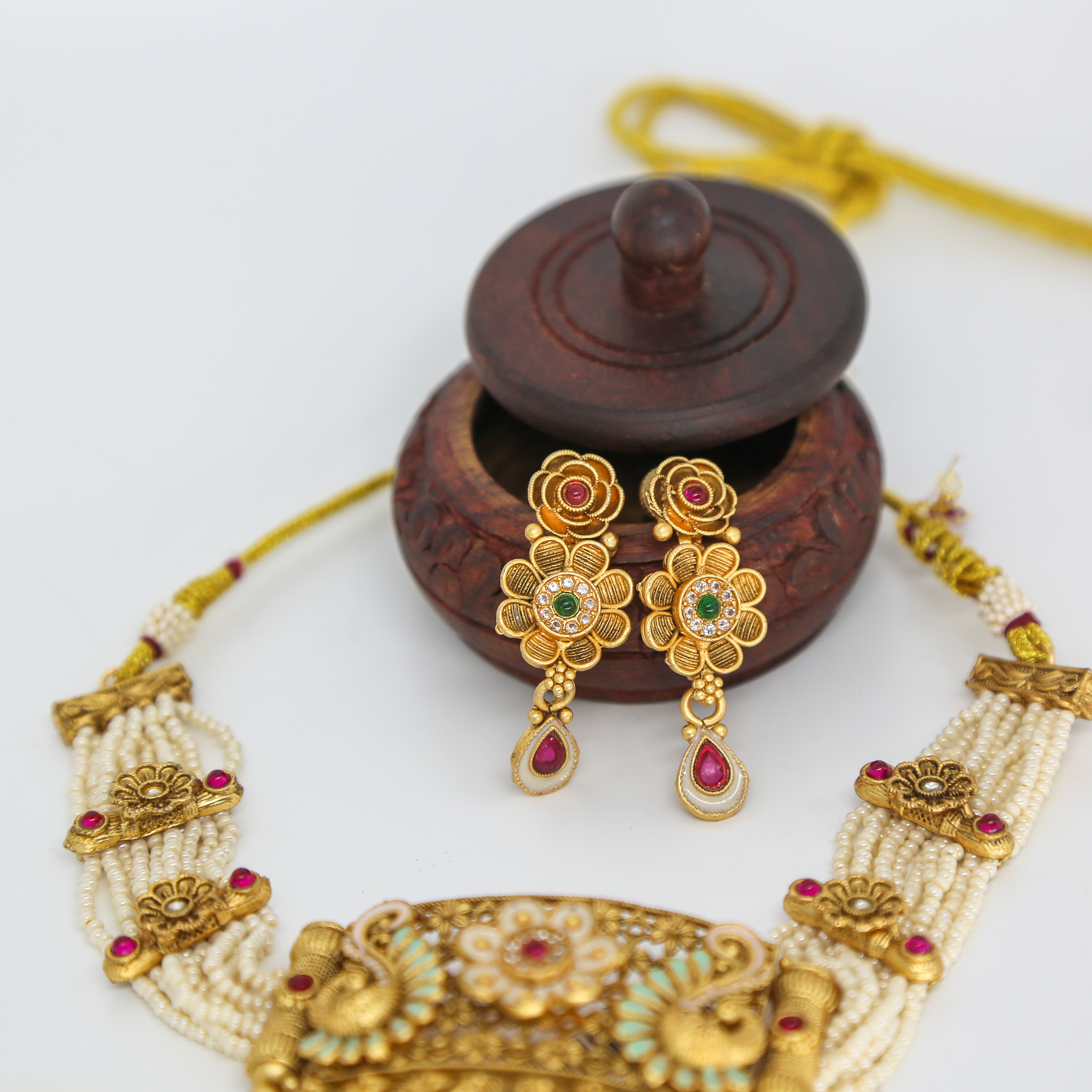 Gold Peacock Pendant Necklace Set with Pearls & Floral Motifs - Image 2