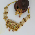 Gold Peacock Pendant Necklace Set with Pearls & Floral Motifs - Image 4