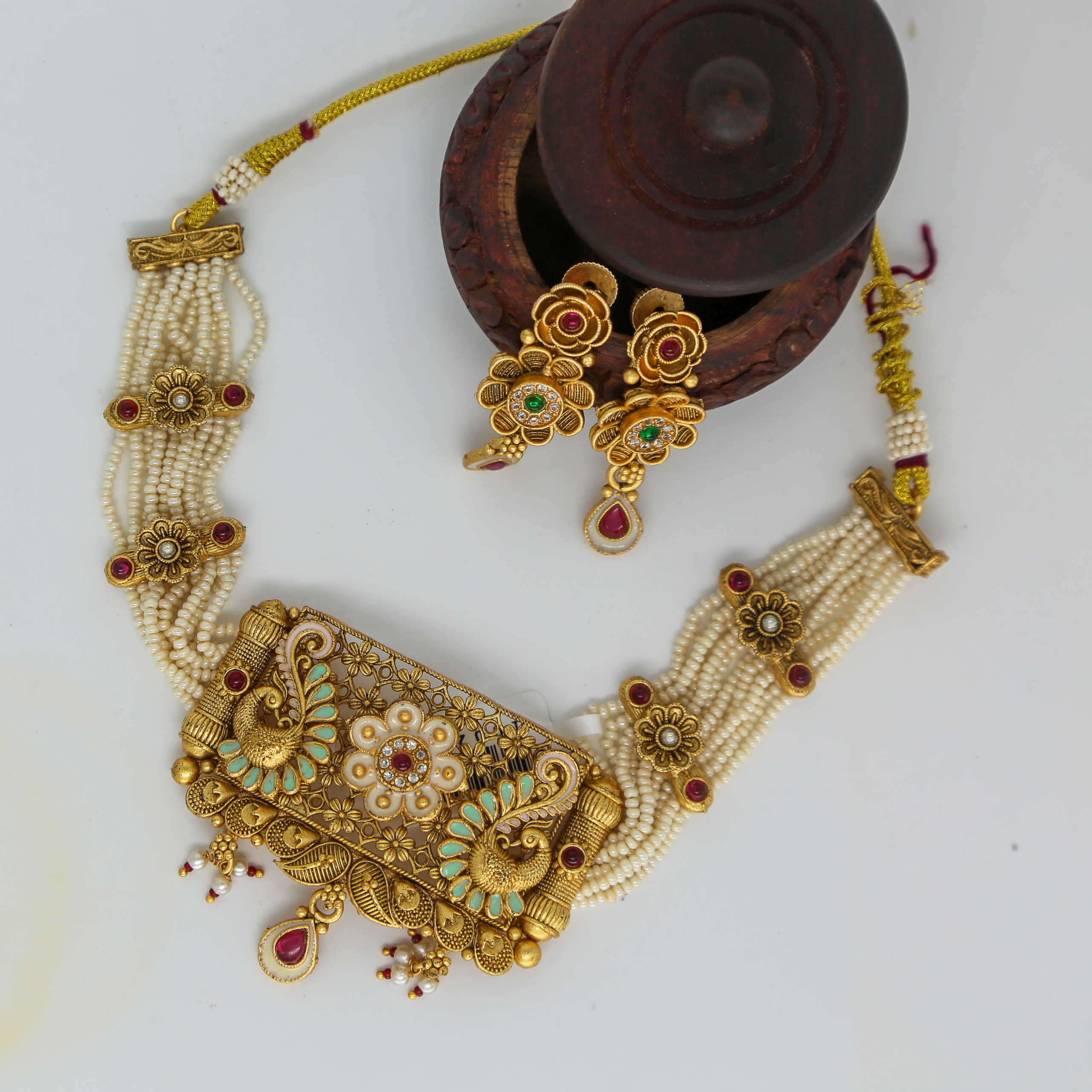 Gold Peacock Pendant Necklace Set with Pearls & Floral Motifs - Image 4