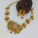 Gold Peacock Pendant Necklace Set with Pearls & Floral Motifs