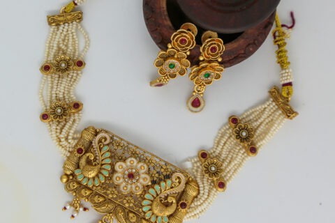 Gold Peacock Pendant Necklace Set with Pearls & Floral Motifs