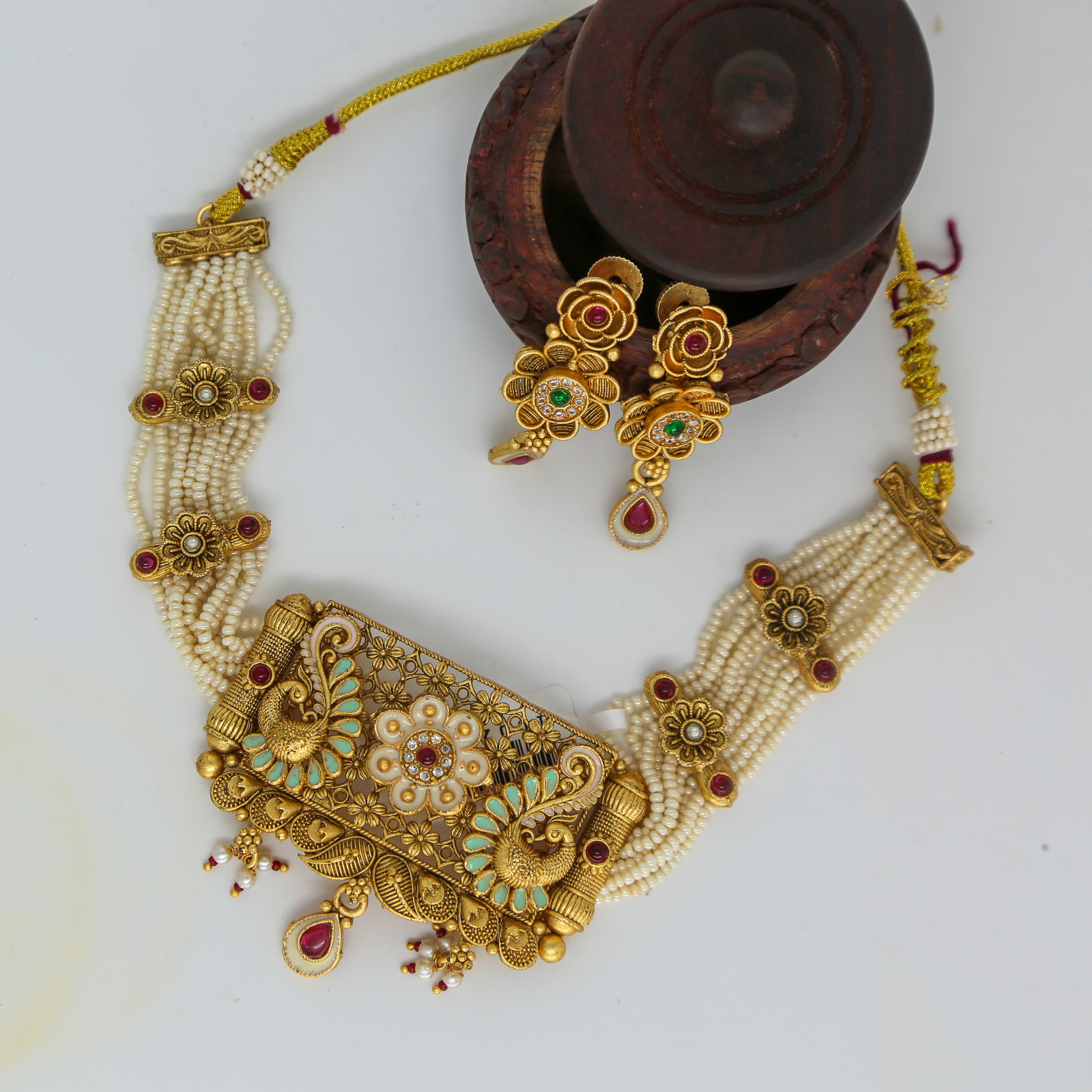 Gold Peacock Pendant Necklace Set with Pearls & Floral Motifs