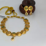 Gold Coin Necklace Set with Green & Maroon Floral Motifs - Image 3