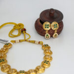 Gold Coin Necklace Set with Green & Maroon Floral Motifs - Image 2