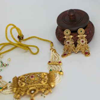 South Indian Temple Pendant Necklace Set with Pearl Strings - Image 2
