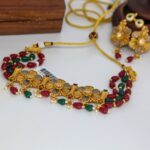 Antique Gold Floral Necklace Set with Red & Green Beads