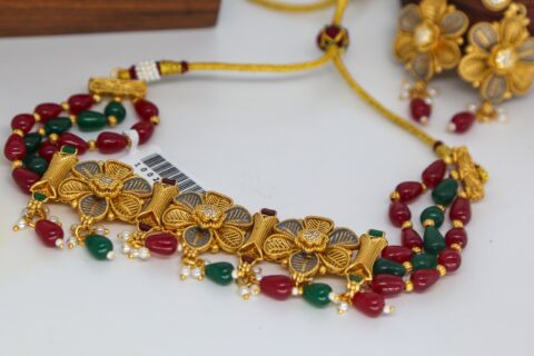 Antique Gold Floral Necklace Set with Red & Green Beads