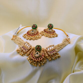 Gold-Plated Green & Maroon Meenakari Temple Choker Necklace with Pearl Drops & Matching Earrings