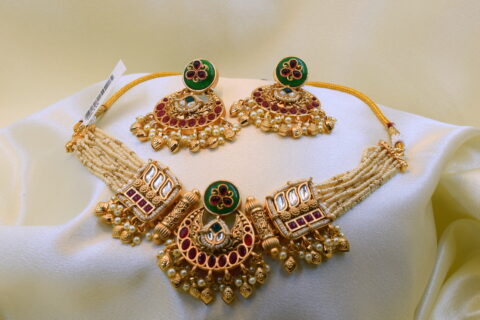 Gold-Plated Green & Maroon Meenakari Temple Choker Necklace with Pearl Drops & Matching Earrings