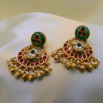 Gold-Plated Green & Maroon Meenakari Temple Choker Necklace with Pearl Drops & Matching Earrings - Image 2
