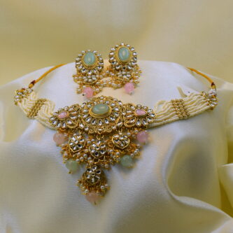 Pastel Pink & Mint Green Kundan Pearl Bridal Choker Necklace Set with Earrings