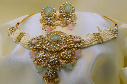 Pastel Pink & Mint Green Kundan Pearl Bridal Choker Necklace Set with Earrings