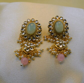 Pastel Pink & Mint Green Kundan Pearl Bridal Choker Necklace Set with Earrings - Image 2