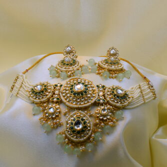 Gold-Plated White & Green Kundan Bridal Choker Necklace with Earrings & Maang Tikka Set