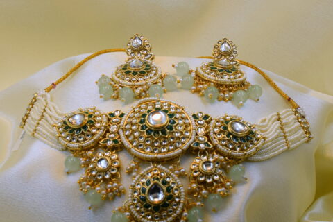 Gold-Plated White & Green Kundan Bridal Choker Necklace with Earrings & Maang Tikka Set