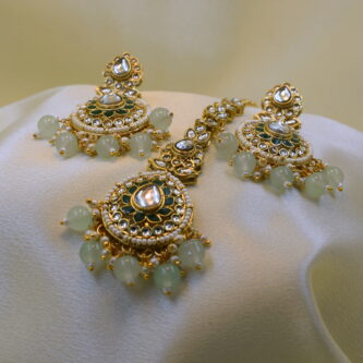 Gold-Plated White & Green Kundan Bridal Choker Necklace with Earrings & Maang Tikka Set - Image 2