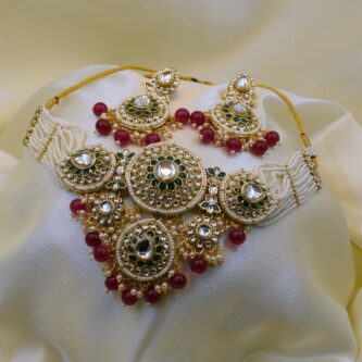 Gold-Plated Red & Green Kundan Bridal Choker Necklace with Earrings & Maang Tikka Set