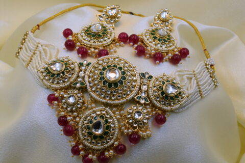 Gold-Plated Red & Green Kundan Bridal Choker Necklace with Earrings & Maang Tikka Set