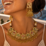 Traditional Gold-Plated Kundan Square Motif Necklace Set with Pearl Detailing & Jhumka Earrings