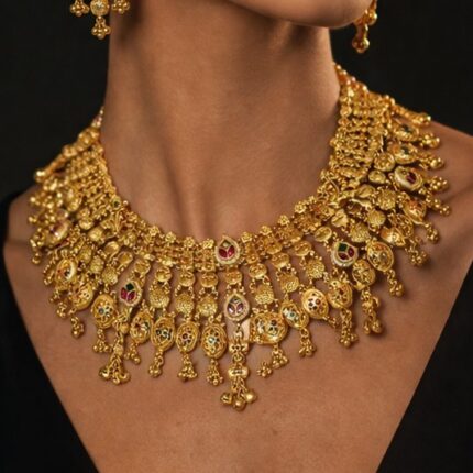Women Gold-Plated Temple Design Ethnic Choker Jewellery Set with Earrings