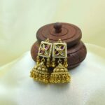Traditional Gold-Plated Kundan Square Motif Necklace Set with Pearl Detailing & Jhumka Earrings - Image 2