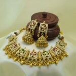 Traditional Gold-Plated Kundan Square Motif Necklace Set with Pearl Detailing & Jhumka Earrings