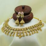 Antique Gold-Plated Kundan Floral Choker Necklace Set with Multicolor Stones & Jhumka Earrings
