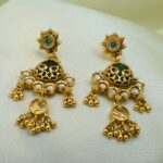Antique Gold-Plated Temple Necklace Set with Green Stone Pendant & Designer Jhumka Earrings - Image 2
